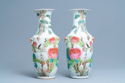 A pair of Chinese qianjiang cai 'crane and lotus flowers' vases, 19/20th C.