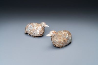 A pair of Chinese quail-shaped mother-of-pearl-set wooden boxes and covers, Qianlong mark, Qing