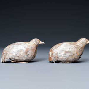 A pair of Chinese quail-shaped mother-of-pearl-set wooden boxes and covers, Qianlong mark, Qing — 照片 5