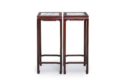 A pair of Chinese rectangular hongmu stands with marble top, Canton, 20th C.