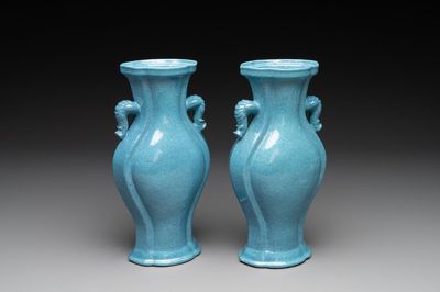 A pair of Chinese robin's egg-glazed vases with 'elephant' handles, 19th C.