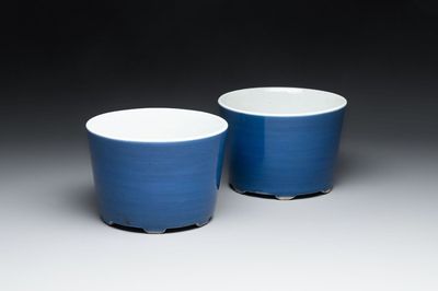 A pair of Chinese sacrificial blue-glazed jardinières, Yongzheng mark, 19th C.