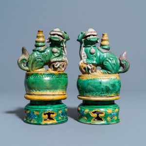 A pair of Chinese sancai-glazed biscuit Buddhist lion joss stick holders, Ming — photo 2