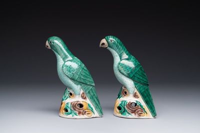 A pair of Chinese sancai parrots, Kangxi