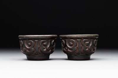 A pair of Chinese silver-lined tixi lacquer cups, Ming