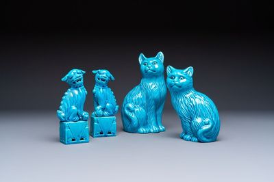 A pair of Chinese turquoise-glazed cats and a pair of Buddhist lions, 20th C.