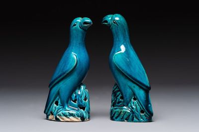 A pair of Chinese turquoise-glazed parrots, 19th C.