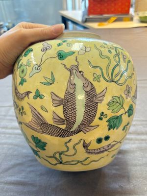 A pair of Chinese verte biscuit 'fish' jars and covers, 19th C. — photo 15