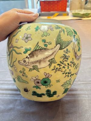A pair of Chinese verte biscuit 'fish' jars and covers, 19th C. — photo 18