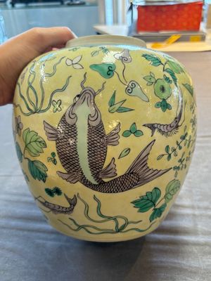 A pair of Chinese verte biscuit 'fish' jars and covers, 19th C. — photo 4