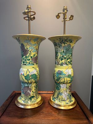 A pair of Chinese verte biscuit 'gu' vases with gilt bronze lamp mounts, 19th C. — photo 1