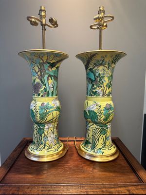 A pair of Chinese verte biscuit 'gu' vases with gilt bronze lamp mounts, 19th C. — photo 2