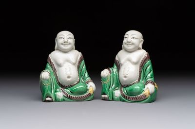 A pair of Chinese verte biscuit Milefo Buddhas, 19th C.