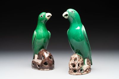 A pair of Chinese verte biscuit models of parrots, Kangxi