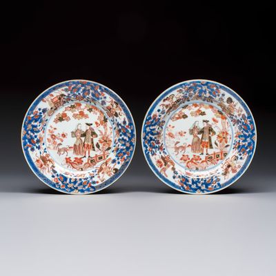 A pair of Chinese verte-Imari 'Governor Duff' plates, Yongzheng