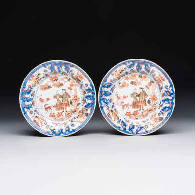 A pair of Chinese verte-Imari 'Governor Duff' plates, Yongzheng