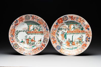 A pair of Chinese verte-Imari 'The Yang family female generals 楊門女將' dishes, Kangxi