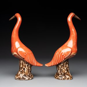 A pair of Chinese white-glazed Buddhist lions, a pair of doves and a pair of iron-red-decorated cranes, Ming and later — photo 11