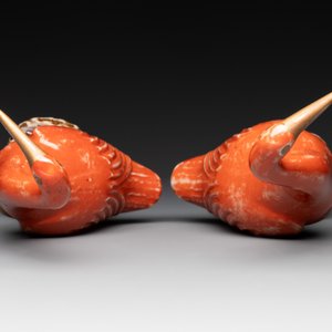 A pair of Chinese white-glazed Buddhist lions, a pair of doves and a pair of iron-red-decorated cranes, Ming and later — photo 12