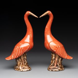 A pair of Chinese white-glazed Buddhist lions, a pair of doves and a pair of iron-red-decorated cranes, Ming and later — photo 9