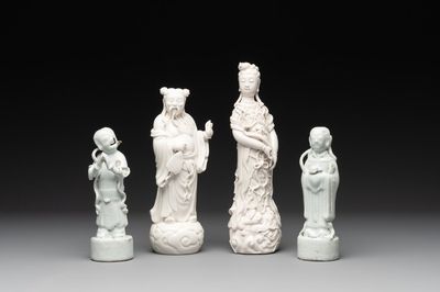 A pair of Chinese white-glazed figures and two Dehua blanc de Chine figures, Dehua 德化 and Xuande mark, 18th C. and later