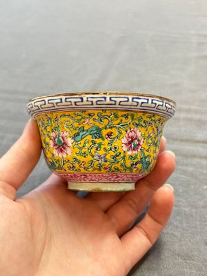 A pair of Chinese yellow-ground Canton enamel covered bowls and two cups, Yongzheng/Qianlong — 照片 18