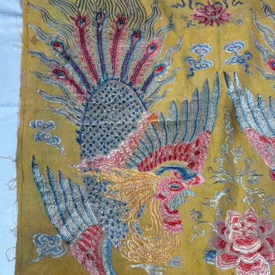 A pair of Chinese yellow-ground embroidered 'Dragons' and 'Phoenixes' panels — photo 27