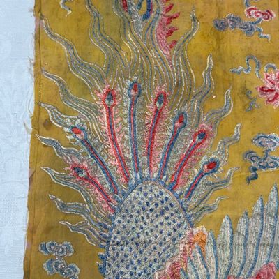 A pair of Chinese yellow-ground embroidered 'Dragons' and 'Phoenixes' panels — photo 28