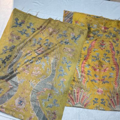 A pair of Chinese yellow-ground embroidered 'Dragons' and 'Phoenixes' panels — photo 3