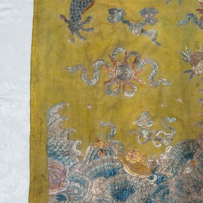 A pair of Chinese yellow-ground embroidered 'Dragons' and 'Phoenixes' panels — photo 48