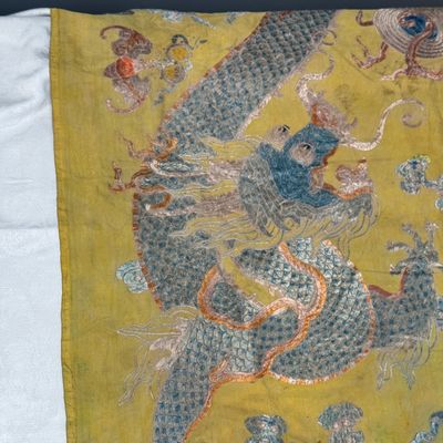 A pair of Chinese yellow-ground embroidered 'Dragons' and 'Phoenixes' panels — photo 49