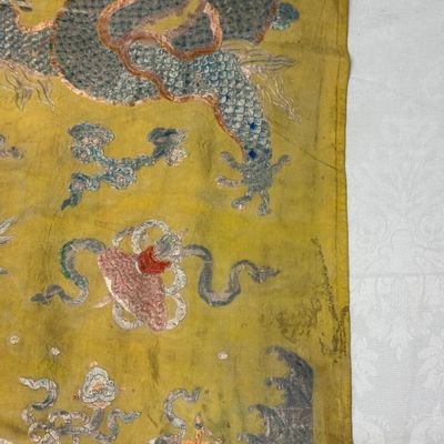 A pair of Chinese yellow-ground embroidered 'Dragons' and 'Phoenixes' panels — photo 58