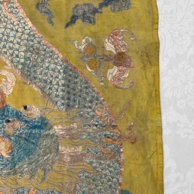 A pair of Chinese yellow-ground embroidered 'Dragons' and 'Phoenixes' panels — photo 59