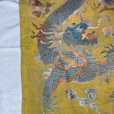 A pair of Chinese yellow-ground embroidered 'Dragons' and 'Phoenixes' panels — photo 65