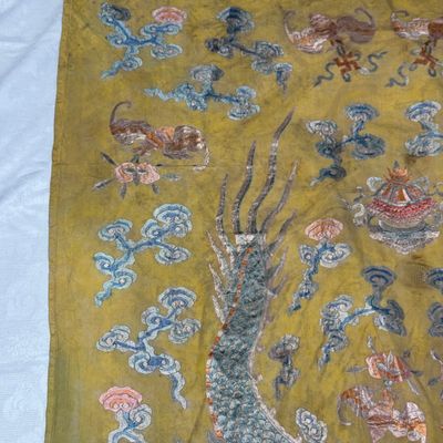 A pair of Chinese yellow-ground embroidered 'Dragons' and 'Phoenixes' panels — photo 67