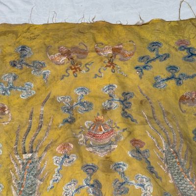 A pair of Chinese yellow-ground embroidered 'Dragons' and 'Phoenixes' panels — photo 69
