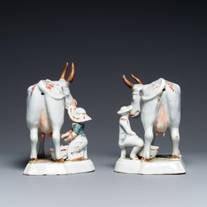 A pair of cold-painted white Dutch Delft cow milkers groups, 18th C. — 照片 7