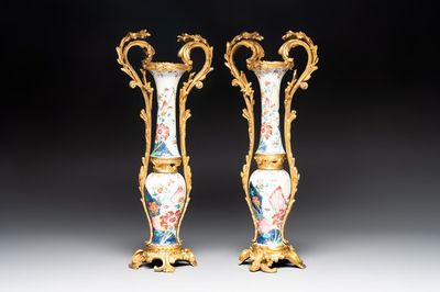 A pair of composed gilt bronze mounted Chinese famille rose 'tobacco leaf' vases, Qianlong