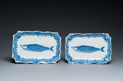 A pair of Dutch Delft blue and white 'herring' dishes, 18th C.