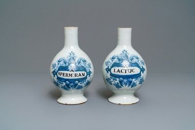 A pair of Dutch Delft blue and white pharmacy bottles, 18th C.