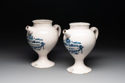 A pair of Dutch Delft blue and white wet drug or syrup jars inscribed 'DE ABSYNTHIO' and 'DE FARFARA', 18th C.