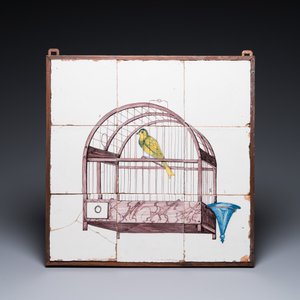 A pair of Dutch Delft manganese 'cat and dog' tile murals, a 'birdcage' mural and a set of stove tiles, 18/19th C. — photo 2