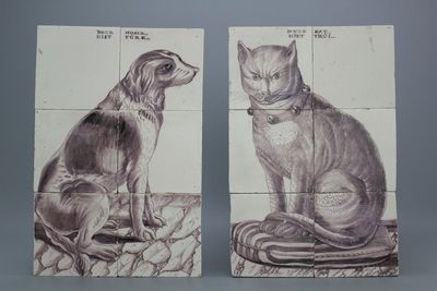 A pair of Dutch Delft manganese tile panels with a cat and a dog, 18th C.
