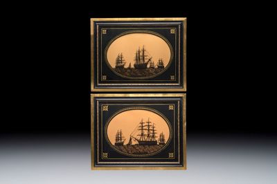 A pair of English reverse-glass silhouette paintings depicting ‘H.M.S. Royal Sovereign’ and ‘H.M.S. Victory and The Hogue’, 19th C.