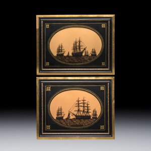 A pair of English reverse-glass silhouette paintings depicting ‘H.M.S. Royal Sovereign’ and ‘H.M.S. Victory and The Hogue’, 19th C. — photo 1