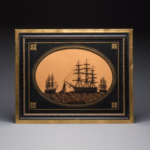A pair of English reverse-glass silhouette paintings depicting ‘H.M.S. Royal Sovereign’ and ‘H.M.S. Victory and The Hogue’, 19th C. — photo 4