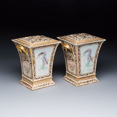 A pair of extremely rare Chinese Canton famille rose bough pots, Jiaqing