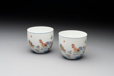 A pair of extremely rare imperial Chinese doucai 'chicken' cups, Chenghua mark, Yongzheng/Qianlong