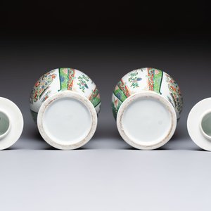 A pair of famille verte-style 'Lotus Pond and Flower Basket' vases and covers, Samson, Paris, 19th C. — photo 6