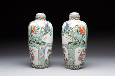 A pair of famille verte-style ovoid jars and covers, Samson, Paris, 19th C.
